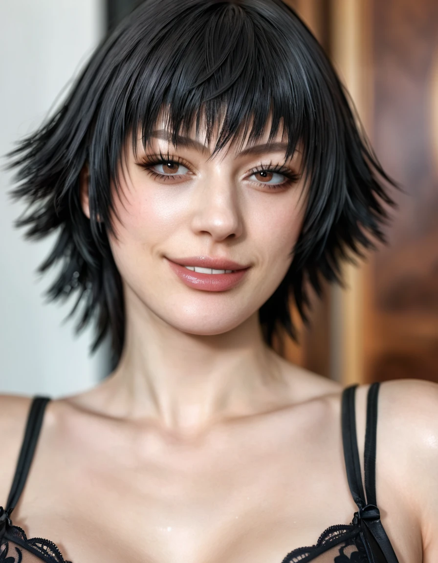 rating_explicit, (best quality:1.2), lady (from devil may cry 5:1.1), black bra, perfect face, portrait, perfect face, naughty face
