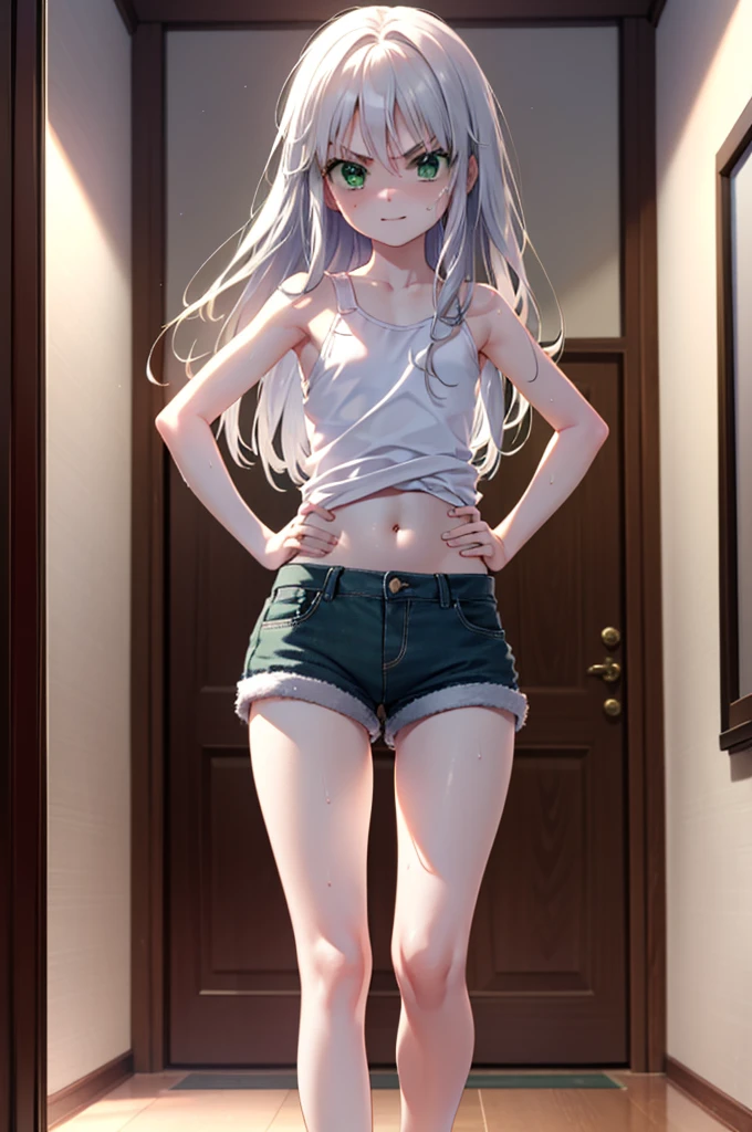 index, index, (Green Eyes:1.5), Silver Hair, Long Hair, (Flat Chest:1.2),smile,Angry,Sweat,Transparent white,Tank top,Belly button,Shorts,barefoot,barefoot,Place your hands on your hips,Standing with your legs apart,
break looking at viewer, whole body,
break indoors, Home,entrance,
break (masterpiece:1.2), Highest quality, High resolution, unity 8k wallpaper, (figure:0.8), (Beautiful attention to detail:1.6), Highly detailed face, Perfect lighting, Highly detailed CG, (Perfect hands, Perfect Anatomy),