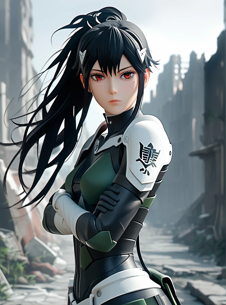 , score_9, score_8_up, score_7_up, score_6_up, score_5_up, score_4_up, source_anime, masterpiece , anime screencap,  absurdres, minaashiro, black hair, ponytail, long hair, hair ornament, mole under eye, mole, red eyes bodysuit, armor, wide_hips upper body, destroyed_city ruins, looking at viewer, expressionless, crossed arms, from side,