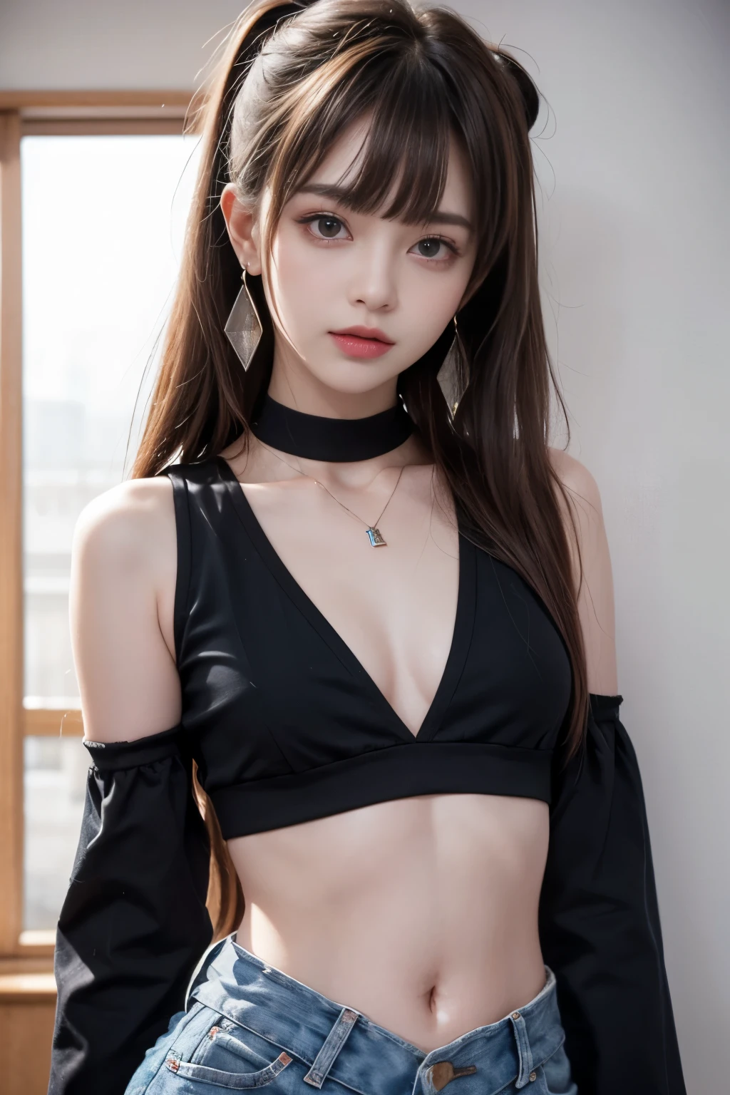 (Masterpiece, Best Quality, 1 Girl, solo, intriciate detail, chromatic aberration), (Reality), (skin), 1 Girl Shizuku High Ponytail, ((medium breath)), (brunet, Blunt bangs), Detailed hair, Redhead Jewelry, Blue highlighting, One or more hairs eyes, Red Eye, Small earrings, sharp eyes, necklaces, ((Black crop top cutout)), Gender, (symmetry eyes), (Perfectly symmetrical body), natta, ((Natural light))), Back lighting, Against a gray wall, a faint light, Standing, (Looking at the viewer), ((Center Shot, from frontal, (Face and waist) Pronounced bust line deep V sexy,The belly button and the surrounding area are exposed,Are thin,Small breasts,