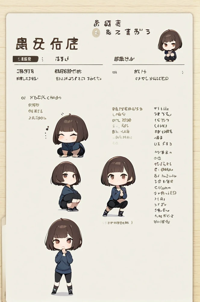 Character sheet, white background, chibi, female, short hair, simple clothes, squat pose, cartoon style, high quality, high resolution