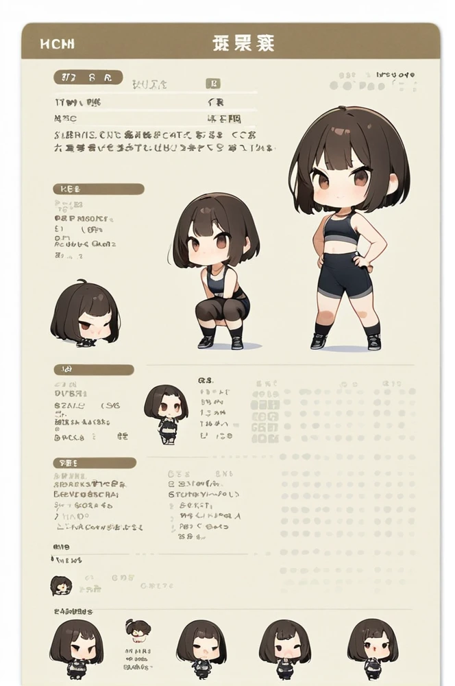 Character sheet, white background, chibi, female, short hair, simple clothes, squat pose, cartoon style, high quality, high resolution