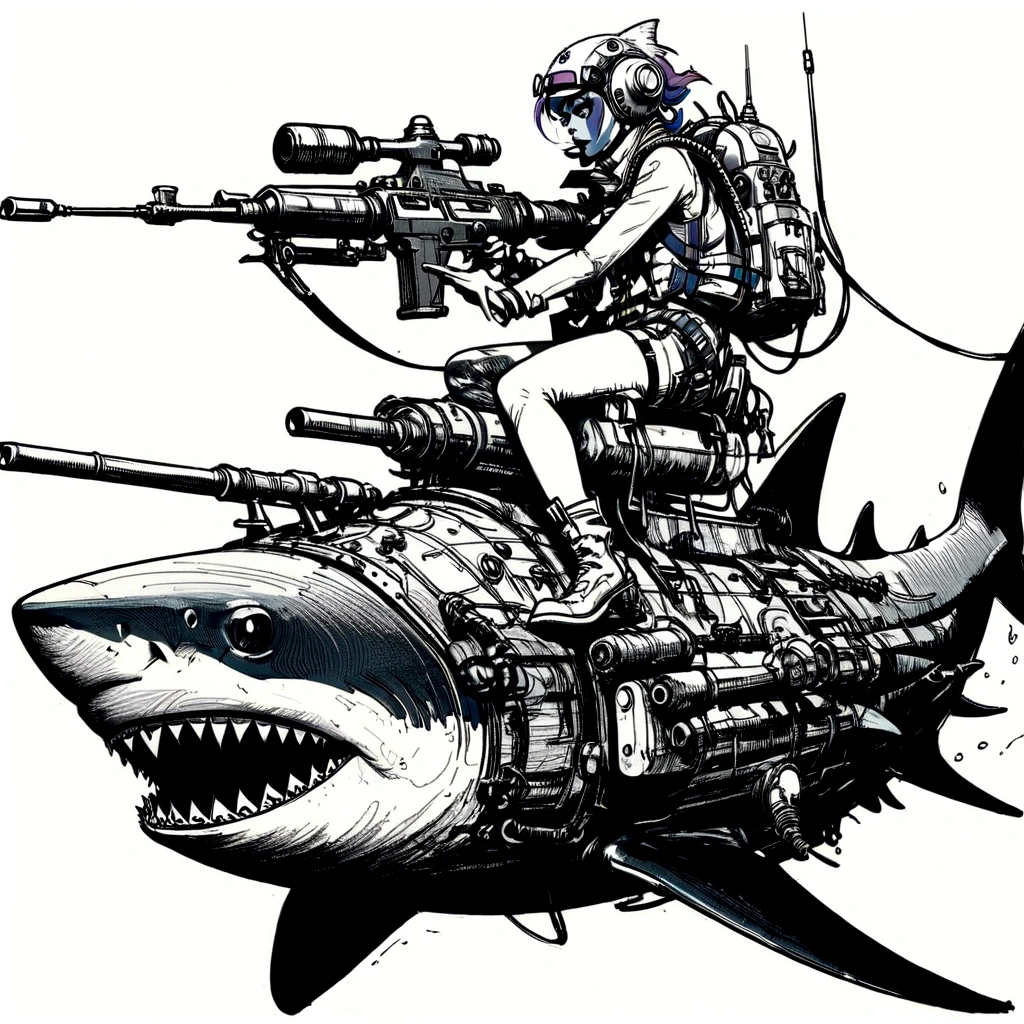 illustate (jamie hewlett style) tank girl, riding a shark submarine, sketch, unfinished, expressive ink bold line style, cinematic, splash page, wearing deep sea submersion suit, submarine shark sense of movement and energy