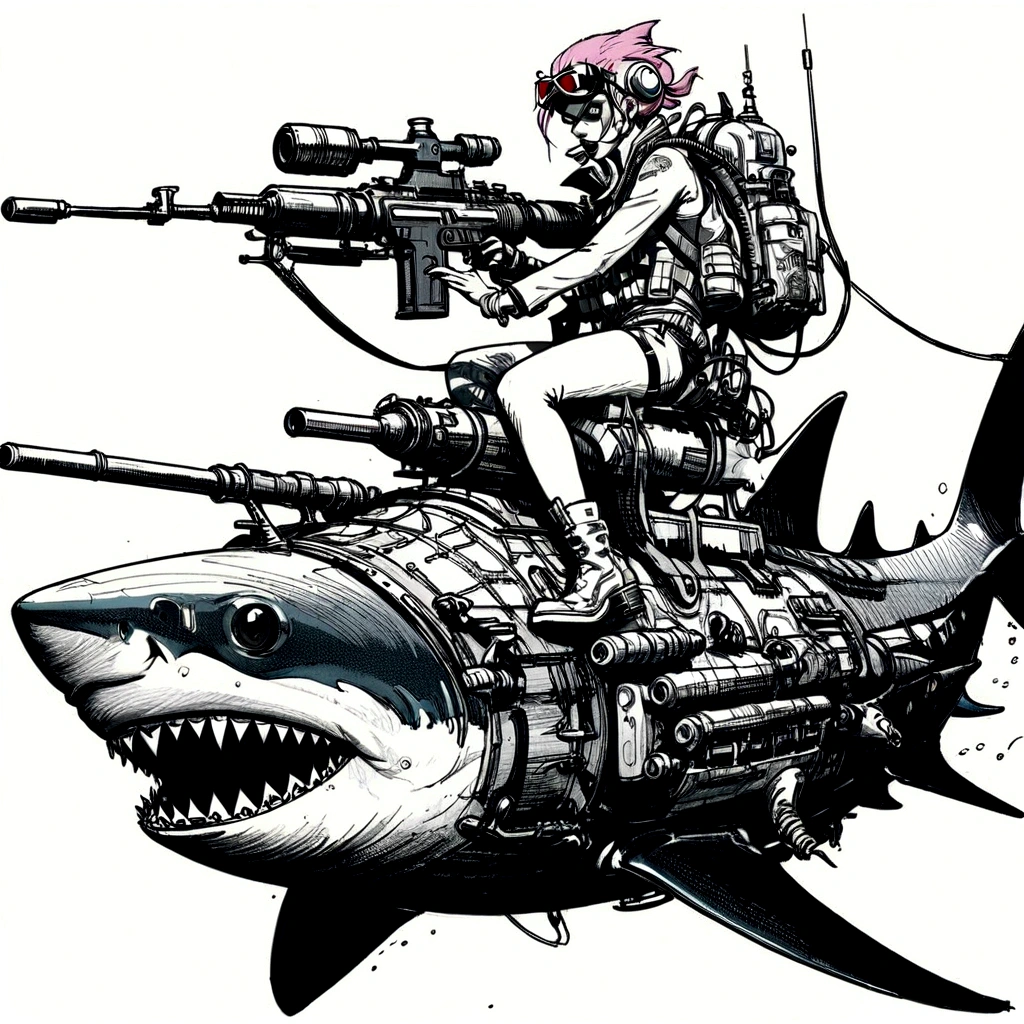 illustate (jamie hewlett style) tank girl, riding a shark submarine, sketch, unfinished, expressive ink bold line style, cinematic, splash page, wearing deep sea submersion suit, submarine shark sense of movement and energy

