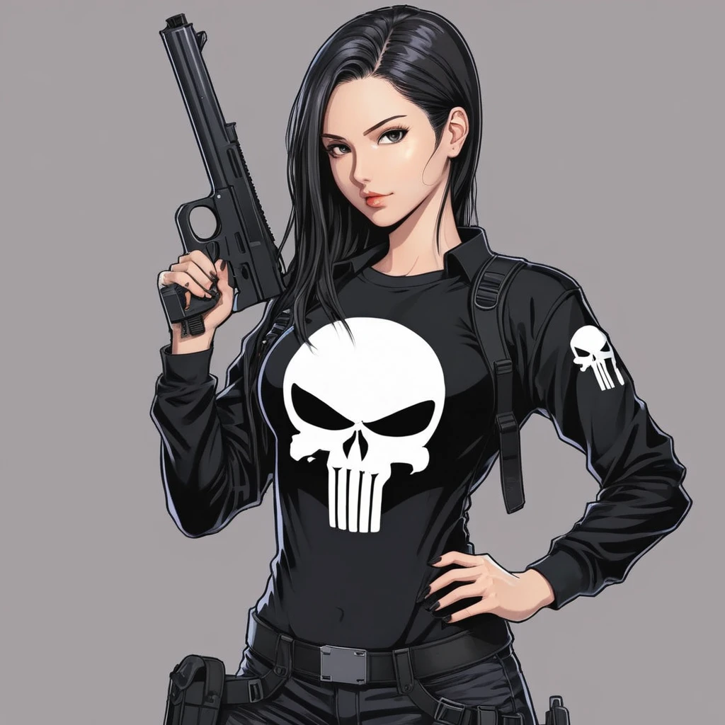 anime artwork of a young sexy punisher woman in a black punisher shirt holding one gun anime manga girl style, entire body in shot, full body shot, anime style, key visual, line art, coloring page, studio anime, highly detailed