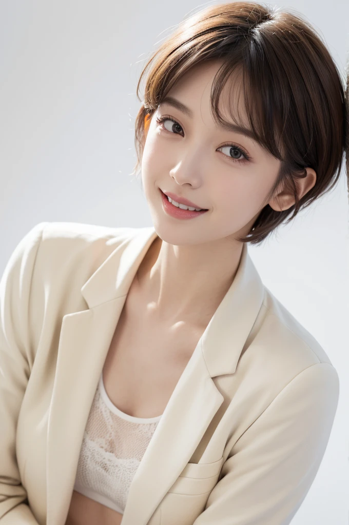 realistic light,natural light,white background,최고 quality、8 thousand、32,000、masterpiece、uhd:1.2) quality, primitive photorealism, laugh, Beautiful girl, cute, Short hair, depth of field, high resolution, ultra detail, Highly detailed eyes and face,small eyes,Short hair,short cut,short hair,Ivory Jacket,white background,