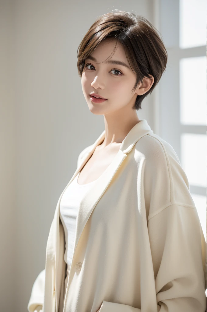 realistic light,natural light,white background,최고 quality、8 thousand、32,000、masterpiece、uhd:1.2) quality, primitive photorealism, laugh, Beautiful girl, cute, Short hair, depth of field, high resolution, ultra detail, Highly detailed eyes and face,small eyes,Short hair,short cut,short hair,Ivory Jacket,white background,