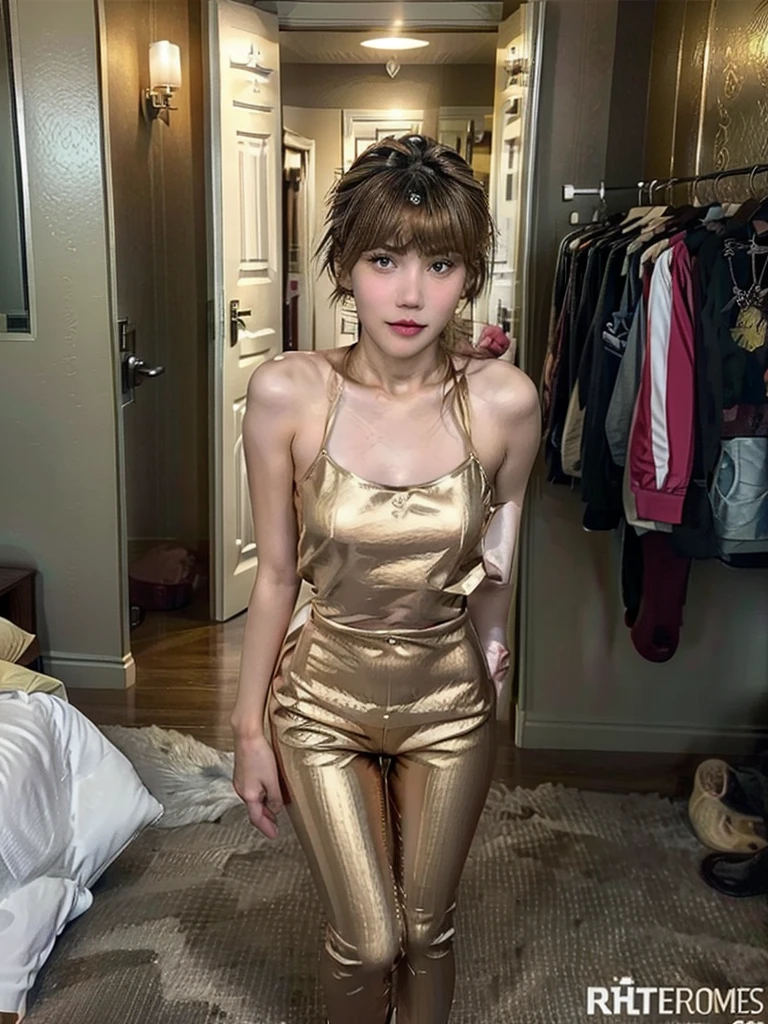 A photo of a high quality full body photo of 6 hot, cute, cute 10 year old European girls with short blonde and brown hair opening the door and welcoming you into their room, wearing tight tops under their breasts and shiny leggings, small, they are completely naked and excited without clothes