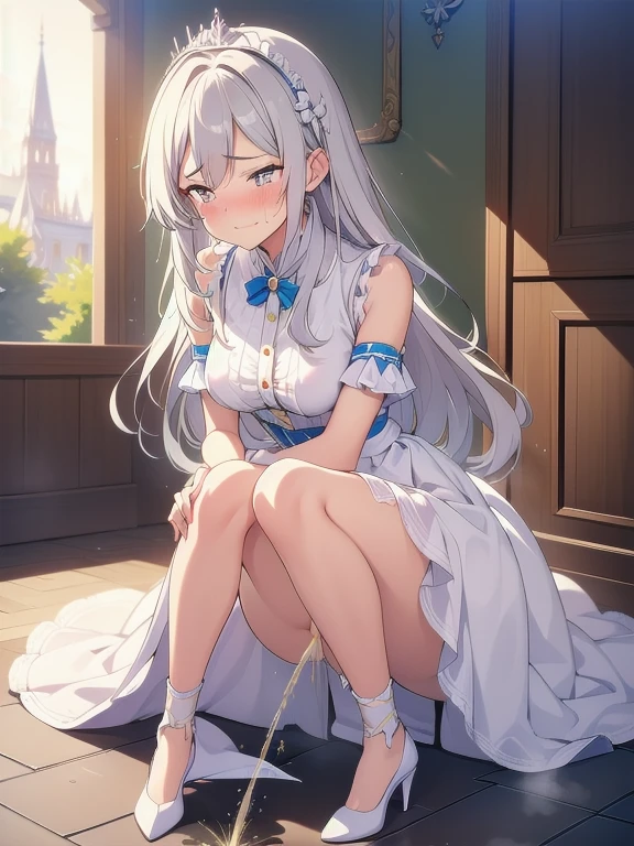 nsfw, (masterpiece, top quality, best quality, highly detailed:1.6), extremely detailed CG unity 8k wallpaper, (bravery crying, sobbing:1.5), (1 princess standing on the castle hall, indoor, White princess dress, silver tiara:1.4), (Maxi Length), strong facial expression, (sharp eye:1.2), (scowl:1.1), (embarrassed,blush:1.3), (steam:1.5), (wet:1.1), (sweat:1.1), (trembling:1.3), (parted lips:1.4), (harf open eyes:1.5), (feeling weak:1.5), (shoot from front, looking at viewer:1.3), (leaning forward,close knees, hands between legs, pee running down legs:2), (((clutching crotch))), White high-heels, (long hair, Silver hair:1.3), (woman trembling with sexual climax:1.5), colorful, full body, wide shot, perfect composition, (Crossing legs, Touching the crotch:1.7), urination, incontinence, piss, peeing self, A lot of pee, pee running down legs, (((pee stream))), (pee puddle), wetting herself, peeing, blush, trembling, embarrassed, large breasts, Yellow pee, ((leaking pee)), Shaking one's shoulders, Breaking a sweat on forehead, puddle of pee, Pee at your feet, Pee spread on the floor, (Pee stains), Feet wet from pee, Pee-covered feet, Pee at your feet, want to pee, about to pee, Full bladder, Pee-soaked dress, Pee-soaked high-heels, natural makeup,