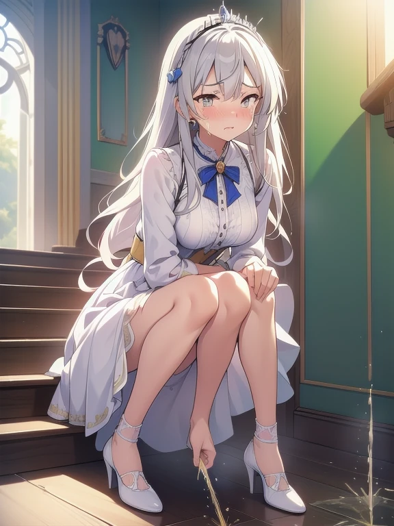 nsfw, (masterpiece, top quality, best quality, highly detailed:1.6), extremely detailed CG unity 8k wallpaper, (bravery crying, sobbing:1.5), (1 princess standing on the castle hall, indoor, White princess dress, silver tiara:1.4), (Maxi Length), strong facial expression, (sharp eye:1.2), (scowl:1.1), (embarrassed,blush:1.3), (steam:1.5), (wet:1.1), (sweat:1.1), (trembling:1.3), (parted lips:1.4), (harf open eyes:1.5), (feeling weak:1.5), (shoot from front, looking at viewer:1.3), (leaning forward,close knees, hands between legs, pee running down legs:2), (((clutching crotch))), White high-heels, (long hair, Silver hair:1.3), (woman trembling with sexual climax:1.5), colorful, full body, wide shot, perfect composition, (Crossing legs, Touching the crotch:1.7), urination, incontinence, piss, peeing self, A lot of pee, pee running down legs, (((pee stream))), (pee puddle), wetting herself, peeing, blush, trembling, embarrassed, large breasts, Yellow pee, ((leaking pee)), Shaking one's shoulders, Breaking a sweat on forehead, puddle of pee, Pee at your feet, Pee spread on the floor, (Pee stains), Feet wet from pee, Pee-covered feet, Pee at your feet, want to pee, about to pee, Full bladder, Pee-soaked dress, Pee-soaked high-heels, natural makeup,