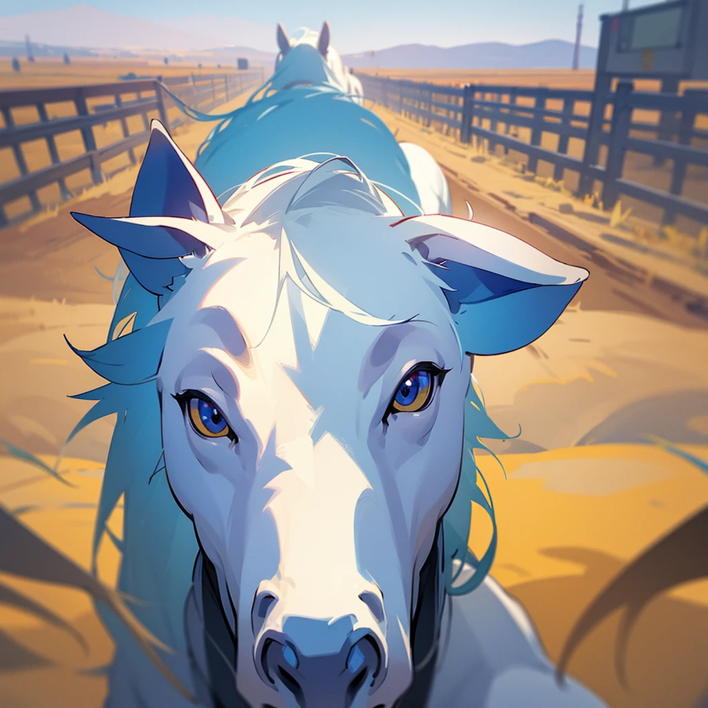 (First person view on a white horse.), BREAK The horse's mane is braided into a double tail., perfect twin tail, BREAK detailed and realistic mane textures, Shining with transparent rainbow colors, BREAK A beautiful double-tailed mane blows in the breeze., high contrast,