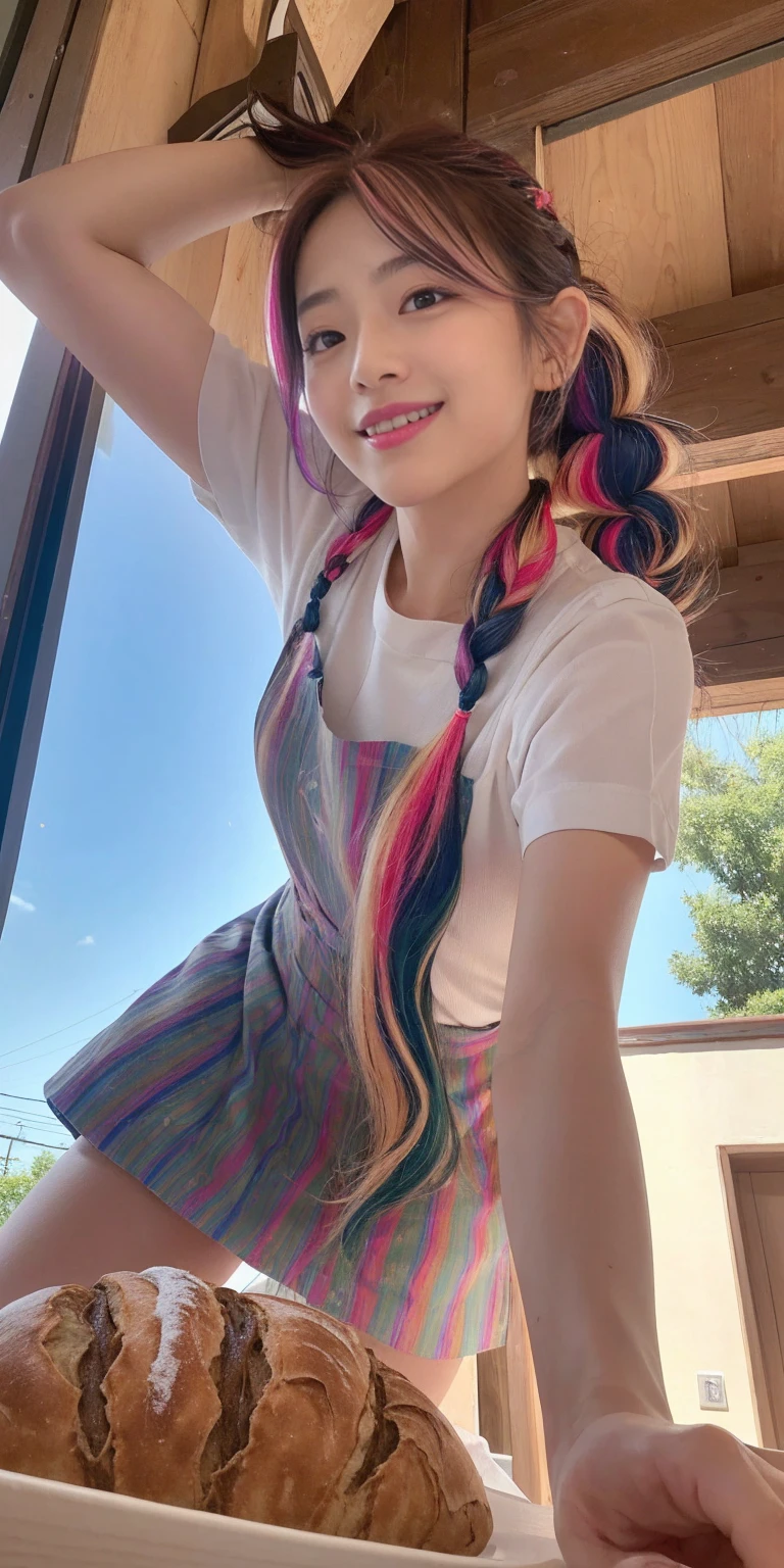 Fluid organization:1.6), 本当に野生の髪を持つ一人のbeautiful女の子, (Colorful wavy hair:1.2),( Two long braids:1.2), (Long wild hair:1.2), (Multicolored Hair: 1.9),可愛いsmile
パン屋販売スタッフ、(((Low - Angle:1.4)))、((One hand raised))、((She is wearing a colorful and pop blouse and apron.)),(;have big bread))、(((Spread your legs:1.4)))、,(((beautiful armpits:1.2)))、High resolution、Bakery、、smile、Finished as in the picture、white and beautiful skin、Focus on small breasts、((beautiful５This finger))、Bakeryの制服を着ています、最high quality、High resolution、Very detailed、masterpiece、Live Shooting:2、Genuine:2、photoGenuineistic:2、very delicate and beautiful、Fine details、Textured skin、Full Shot、、(beautiful face:2)、hot pants、Putting on makeup、Perfectly balanced legs:1.5), Looking at the camera, Angle from above, (((hot pants))), High resolution、未来のBakery、Delicious bread that women will love、Looking at the camera、smile、Finished as in the picture、、(((I have a big loaf of bread)))、(((cute smile)))、((((Eat delicious bread)))))、((I love bread))、(front focus piece:1.3), 
、Cute Apron、Rainbow Apron、Bakeryの制服を着ています、明るすぎるNatural light、Shining sunlight、最high qualityのディテール, Japanese Girls,1 girl, 8K, RAW Photos, 最high quality, Ticker:1.2, Very detailedなRAWカラー写真, Professional photos, (reality, photoGenuineisticです:1.37), (Very detailedな皮膚:1.2), 超High resolutionな, (Lenz 50mm),,絶妙にFine grain,Look at the person watching,Pretty face, Just Mile:1.05),Wide Hips,Straight hair,,Light pink inner color、 white and fine skin、(Very detailedな8K cg:1.2), (hyper Genuineistic:1.35), (photoGenuineisticです:1.45), (reality:1.4), 

(背景はBakery:1.1)、Sexy upward glance, 、Very detailed、masterpiece、最high quality、Ultra-high resolution energy A、8KのHigh resolutionにより、Transparency as shown in the photo、Fine grain、Expression of gradation、Perfect anatomical figure ,hard disk、Ticker (English) 、 Nikon Z9 80mm Lens ,、明るすぎるNatural light、Shining sunlight、、Ultra slim body、Slender model figure、beautiful姿勢、, 最high quality, 8K, RAW Photos, Confused, Award-winning portraits, shy smile, shy smile, , Delicate girl,, Digital SLR, View your viewers, Frank, Sophisticated, Thin arms, Professional Lighting, Film Grain, chromatic aberration, (Fine grainと顔:1.0), Live Shooting、(((A portrait of extreme beauty)))、((Glowing Skin))、1 girl、16 year old beautiful girl from Prague、Bright expression、((Platinum Blonde Hair))、[Big blue eyes that sparkle like jewels]、Shiny skin、silky super long Straight hair、eyeliner、beautiful前髪、Hair around the eyes、最high quality、Very detailed、Film Light、Intricate details、High resolution、Very detailed))、Detailed Background、8KUHD、Digital SLR、Soft Light、high quality、Film Grain、Fujifilm XT3 、Shallow depth of field、Natural light、(((Spread your legs:1.4)))、Pieces fly、High resolution、Bakery、16-year-old girlas in the picture、white and beautiful skin、Focus on small breasts、最high quality、High resolution、Very detailed、masterpiece、Live Shooting:2、、neon hair clip,masterpiece、最high quality、
One girl,Ives Girl,beautiful照明,(((Anyone can see the D logo.:9)))
