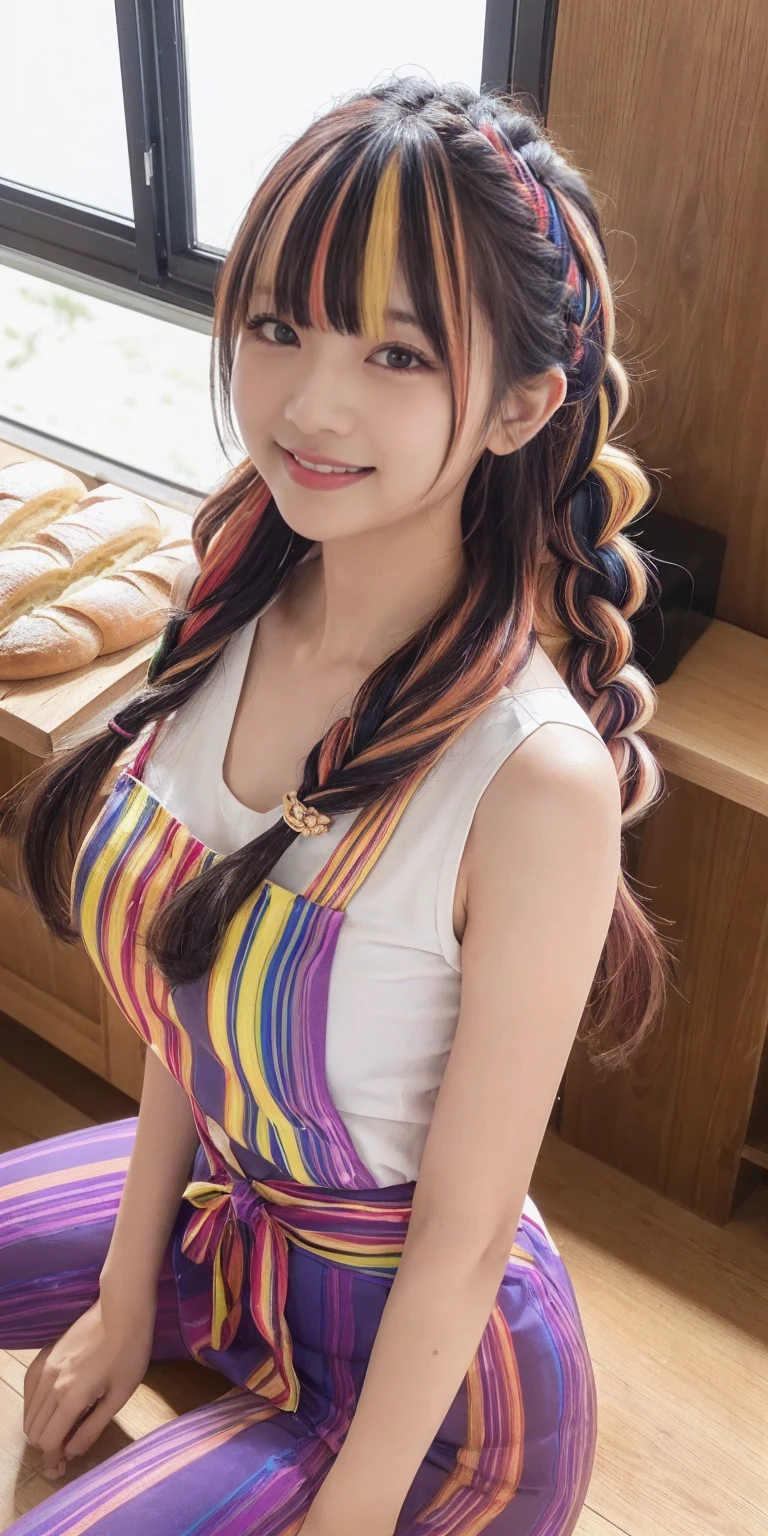 Fluid organization:1.6), 本当に野生の髪を持つ一人のbeautiful女の子, (Colorful wavy hair:1.2),( Two long braids:1.2), (Long wild hair:1.2), (Multicolored Hair: 1.9),可愛いsmile
パン屋販売スタッフ、(((Low - Angle:1.4)))、((One hand raised))、((She is wearing a colorful and pop blouse and apron.)),(;have big bread))、(((Spread your legs:1.4)))、,(((beautiful armpits:1.2)))、High resolution、Bakery、、smile、Finished as in the picture、white and beautiful skin、Focus on small breasts、((beautiful５This finger))、Bakeryの制服を着ています、最high quality、High resolution、Very detailed、masterpiece、Live Shooting:2、Genuine:2、photoGenuineistic:2、very delicate and beautiful、Fine details、Textured skin、Full Shot、、(beautiful face:2)、hot pants、Putting on makeup、Perfectly balanced legs:1.5), Looking at the camera, Angle from above, (((hot pants))), High resolution、未来のBakery、Delicious bread that women will love、Looking at the camera、smile、Finished as in the picture、、(((I have a big loaf of bread)))、(((cute smile)))、((((Eat delicious bread)))))、((I love bread))、(front focus piece:1.3), 
、Cute Apron、Rainbow Apron、Bakeryの制服を着ています、明るすぎるNatural light、Shining sunlight、最high qualityのディテール, Japanese Girls,1 girl, 8K, RAW Photos, 最high quality, Ticker:1.2, Very detailedなRAWカラー写真, Professional photos, (reality, photoGenuineisticです:1.37), (Very detailedな皮膚:1.2), 超High resolutionな, (Lenz 50mm),,絶妙にFine grain,Look at the person watching,Pretty face, Just Mile:1.05),Wide Hips,Straight hair,,Light pink inner color、 white and fine skin、(Very detailedな8K cg:1.2), (hyper Genuineistic:1.35), (photoGenuineisticです:1.45), (reality:1.4), 

(背景はBakery:1.1)、Sexy upward glance, 、Very detailed、masterpiece、最high quality、Ultra-high resolution energy A、8KのHigh resolutionにより、Transparency as shown in the photo、Fine grain、Expression of gradation、Perfect anatomical figure ,hard disk、Ticker (English) 、 Nikon Z9 80mm Lens ,、明るすぎるNatural light、Shining sunlight、、Ultra slim body、Slender model figure、beautiful姿勢、, 最high quality, 8K, RAW Photos, Confused, Award-winning portraits, shy smile, shy smile, , Delicate girl,, Digital SLR, View your viewers, Frank, Sophisticated, Thin arms, Professional Lighting, Film Grain, chromatic aberration, (Fine grainと顔:1.0), Live Shooting、(((A portrait of extreme beauty)))、((Glowing Skin))、1 girl、16 year old beautiful girl from Prague、Bright expression、((Platinum Blonde Hair))、[Big blue eyes that sparkle like jewels]、Shiny skin、silky super long Straight hair、eyeliner、beautiful前髪、Hair around the eyes、最high quality、Very detailed、Film Light、Intricate details、High resolution、Very detailed))、Detailed Background、8KUHD、Digital SLR、Soft Light、high quality、Film Grain、Fujifilm XT3 、Shallow depth of field、Natural light、(((Spread your legs:1.4)))、Pieces fly、High resolution、Bakery、16-year-old girlas in the picture、white and beautiful skin、Focus on small breasts、最high quality、High resolution、Very detailed、masterpiece、Live Shooting:2、、neon hair clip,masterpiece、最high quality、
One girl,Ives Girl,beautiful照明,(((Anyone can see the D logo.:9)))