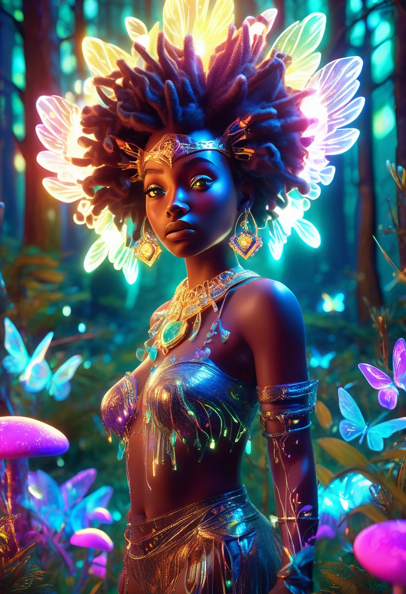 A vibrant 3D render of surrealism art, set against a mystical forest backdrop with glowing neon mushrooms and twinkling fireflies, featuring a bright-eyed young black girl with afro-puffs and colorful dreadlocks, gazing in awe at a stunning mature black woman with luminous skin and ornate golden headdress, admiring her reflection in a mystical mirror surrounded by swirling aurora borealis lights, created using Unreal Engine, Octane Engine, and Vray, with an exaggerated, dreamlike quality reminiscent of Pixar animation, and a ring light that accentuates the warm, vibrant colors of turquoise, emerald green, and amber that pop against the rich, velvety darkness of the forest.