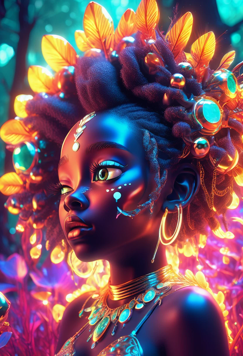 A vibrant 3D render of surrealism art, set against a mystical forest backdrop with glowing neon mushrooms and twinkling fireflies, featuring a bright-eyed young black girl with afro-puffs and colorful dreadlocks, gazing in awe at a stunning mature black woman with luminous skin and ornate golden headdress, admiring her reflection in a mystical mirror surrounded by swirling aurora borealis lights, created using Unreal Engine, Octane Engine, and Vray, with an exaggerated, dreamlike quality reminiscent of Pixar animation, and a ring light that accentuates the warm, vibrant colors of turquoise, emerald green, and amber that pop against the rich, velvety darkness of the forest.