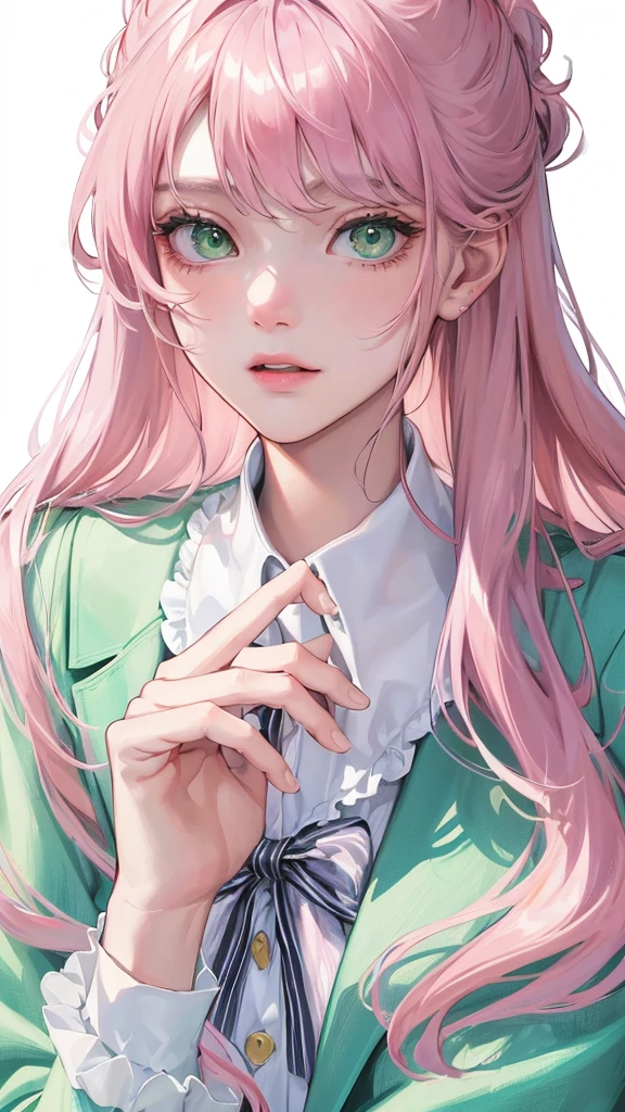 (Top resolution、Distinct_image)top-quality、femele、masterpiece、highly detailed、Semi-realistic、green eyes、18year old、young、smart Casual clothing、Exquisite facial features、Facial features、unique hairstyle, variations, potrait, white background, pink hair