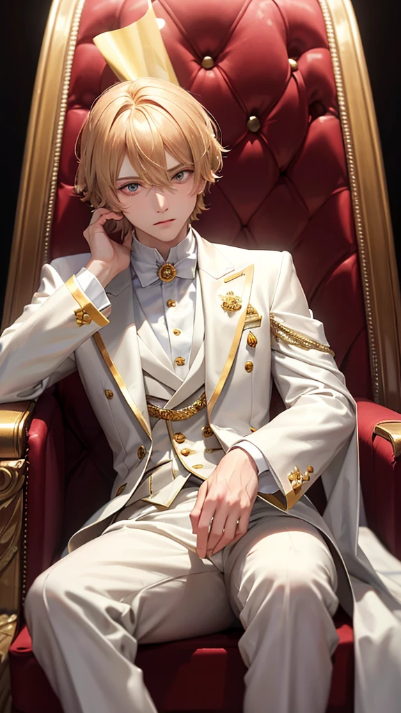With short golden hair,The hair is on the back,Eyes jewel colored,There is still hatred in his eyes,Wearing a white suit is very elegant,The boy sitting on the throne, covered in blood and full of hatred