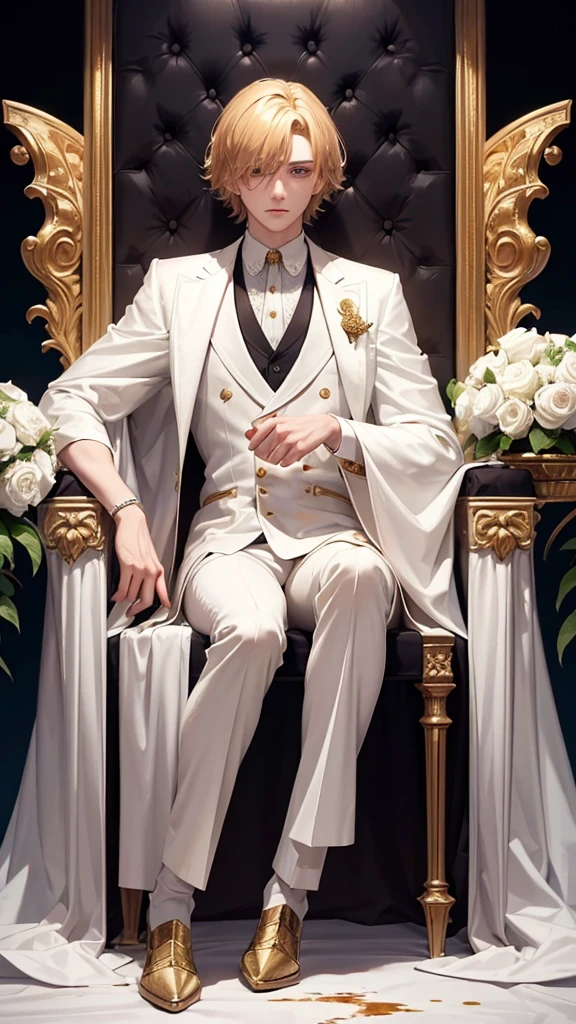 With short golden hair，The hair is on the back，Eyes jewel colored，There is still hatred in his eyes，Wearing a white suit is very elegant，The boy sitting on the throne, covered in blood and full of hatred