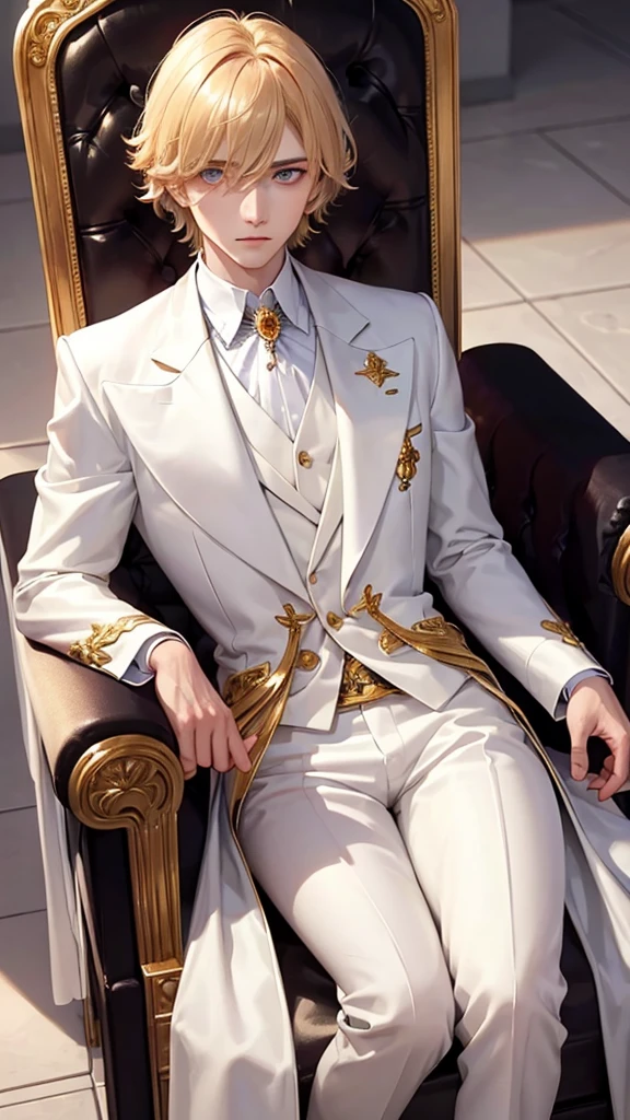 With short golden hair,The hair is on the back,Eyes jewel colored,There is still hatred in his eyes,Wearing a white suit is very elegant,The boy sitting on the throne, covered in blood and full of hatred