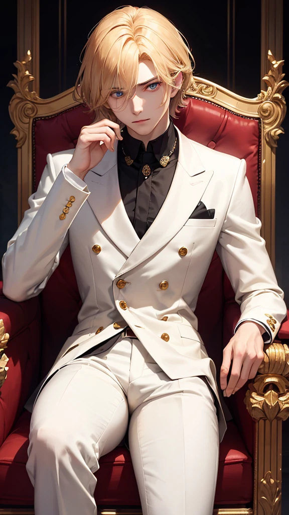 With short golden hair，The hair is on the back，Eyes jewel colored，There is still hatred in his eyes，Wearing a white suit is very elegant，The boy sitting on the throne, covered in blood and full of hatred