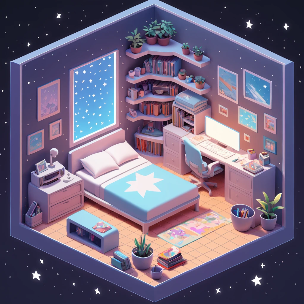Room full of Stars in isometric anime art style