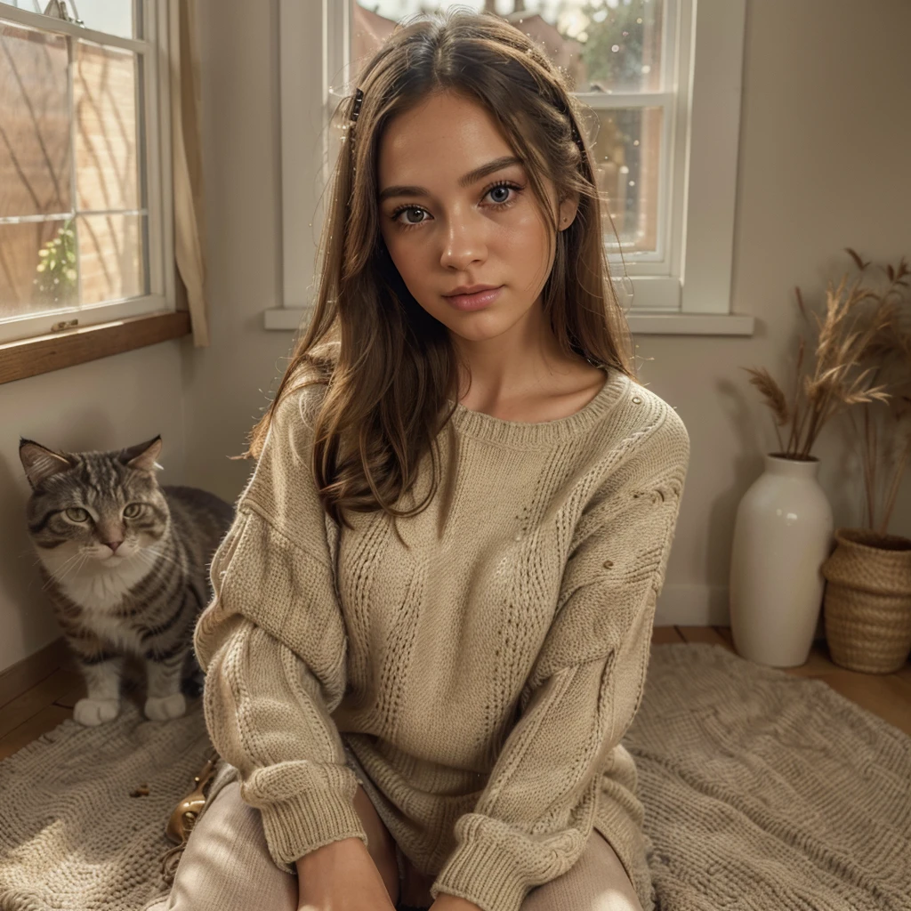 beautiful girl in cozy sweater, playing with cute cat, charming house, detailed face and eyes, long eyelashes, warm lighting, golden hour, intricate background details, idyllic countryside landscape, soft pastel colors, cinematic composition, (best quality,4k,8k,highres,masterpiece:1.2),ultra-detailed,(realistic,photorealistic,photo-realistic:1.37)