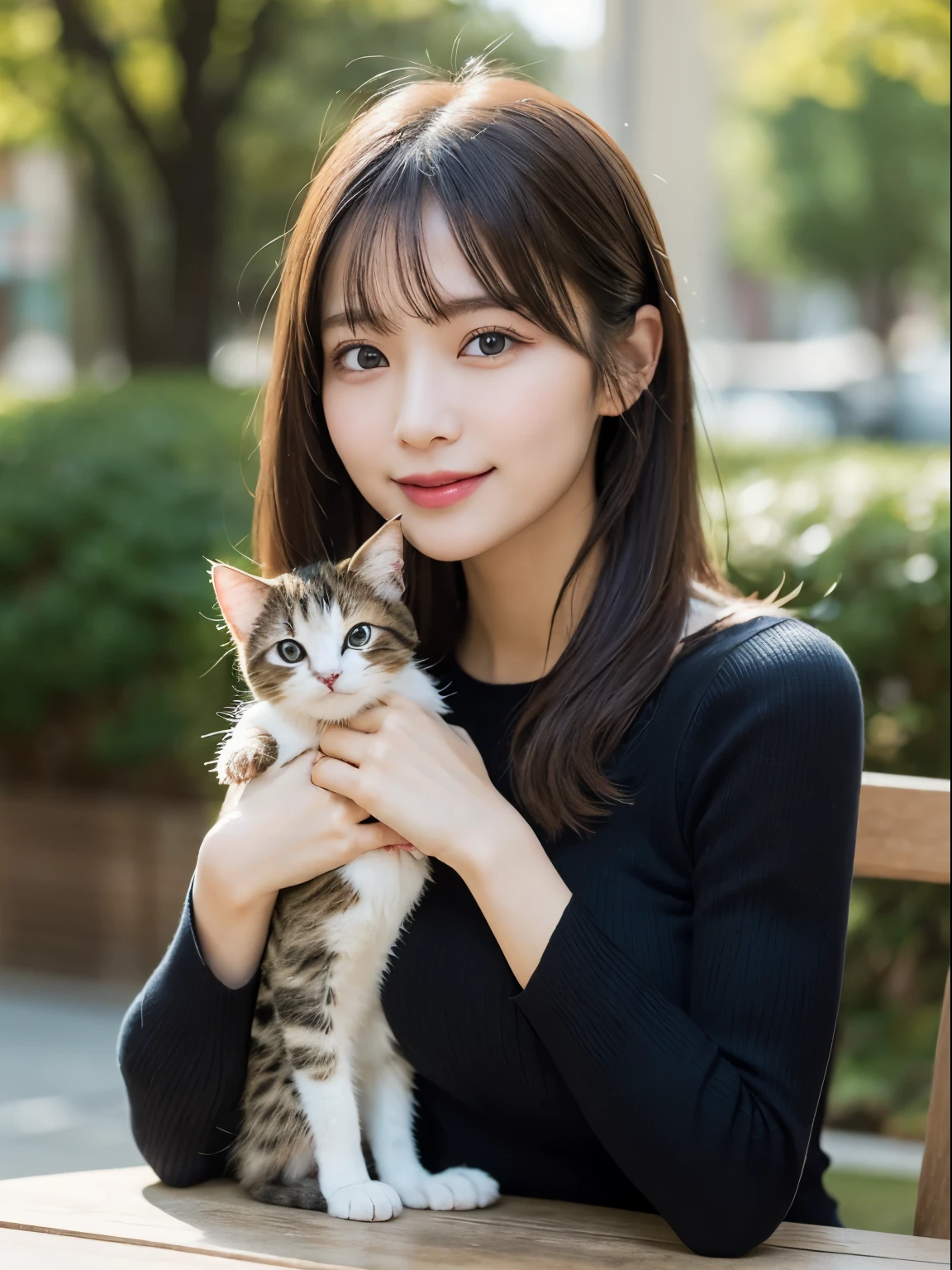 On the table, Highest quality, realism, Fine details, High resolution, 8k wallpaper, Perfect dynamic composition, Beautiful and delicate eyes, Medium Straight Hair, Casual and sexy pose,Random Situation、Light black tight knit sweater、(Beautiful breasts overflowing 1.3)、Bright smile、Holding a kitten、Bokeh、nature、Age 25、(Droopy Eyes 1.3)、Adult Beauty、Japanese