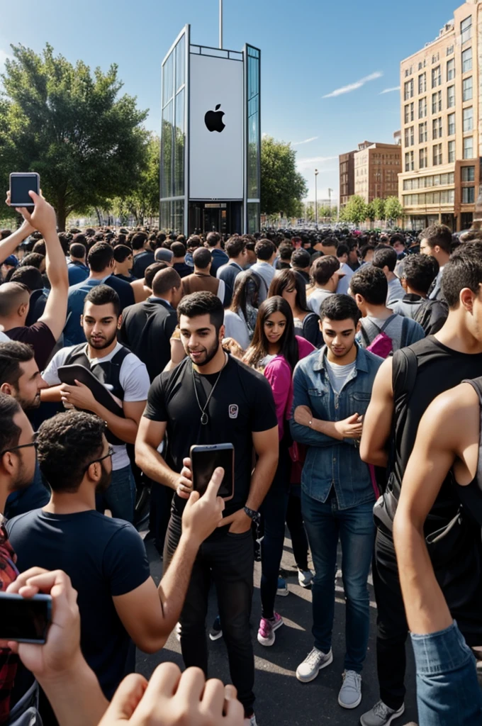 Several people are trying to enter a large i phone