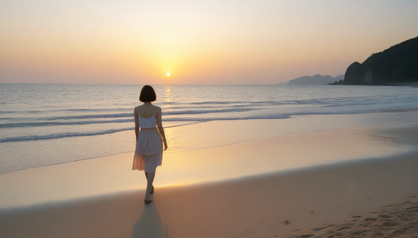 K Realistic, living photos, Realistic appearance of nature, , Woman walking along the beach at sunset. Walking in the distance with a wide angle lens , Back view of an Asian woman wearing a light skirt, burning sunset light, Short hair