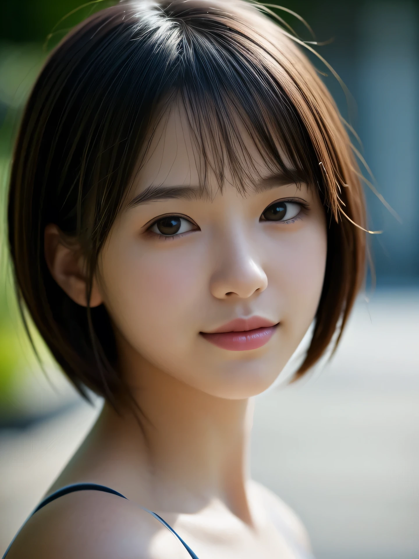 (Photo Real:1.4), (hyper realisitic:1.4), (Smooth lighting:1.05), 1 girl, teenager, happy, shy, smile, looking away, Close-up of the face, Soft lighting, Back lighting, (Finest Real Textured Skins), Super fine face, glowy skin, retinas, Anatomically correct, (short Hair:1.1), bangs, Textured skin, High quality, high details, Best Quality, High resolution,