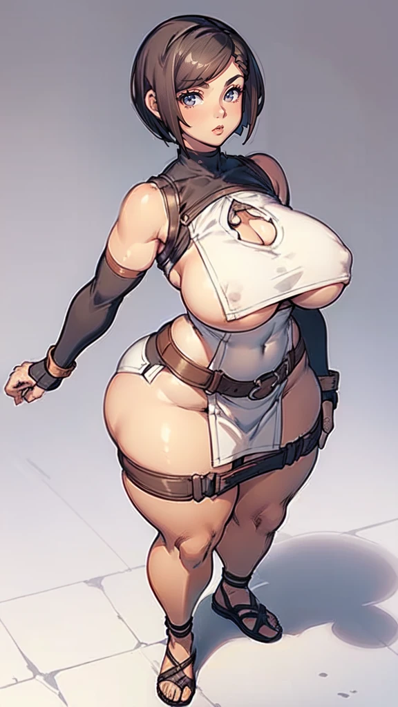 (masterpiece), best quality, female warrior, huge girl, female muscular:1.2, ((very short hair:1.6)), ginger hair, big breast, (curvy:1.8), (((blank background))), ((full body)), fingerless gloves, sandals, sleeveless, covered nipples, (underboobs:1.3), tshirt top, shaved hair, (buzzcut hairstyle), white socks