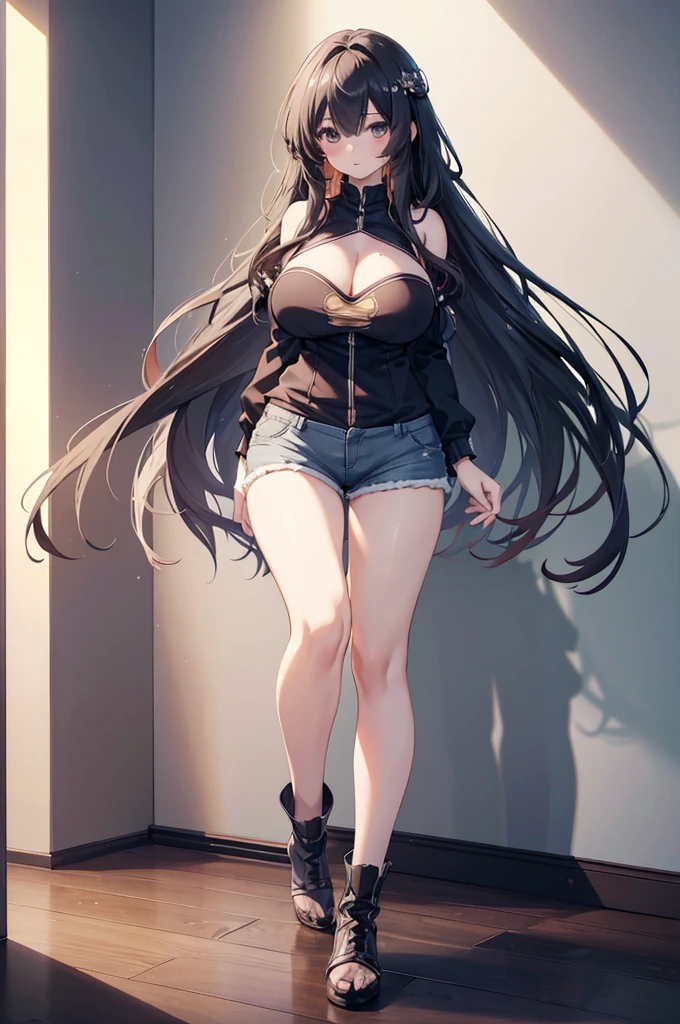 (big breasts, long hair)), (((anime girl))), daylight sunlight, full body, mole on chest, ((shorts)), (extremely detailed 8k cg wallpaper), (extremely delicate and beautiful), (Masterpiece artwork), (the best quality: 1.0), (ultra resolution: 1.0), beautiful lighting, realistic shadows, [high resolution], Detailed aspects, ultra detailed, cleavage, mini black top