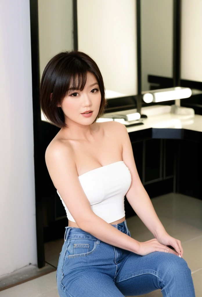 close-up of beautiful Hongkong, Sisley Choi is a Hongkong actress and model, 7 years old girl, youthful face, white skin body, perfect body, short hair, standard black hair, bust size 34 inches, wearing a tight plain standard light white bandeau tube top, wearing a tight plain standard blue denim pants, Choi holding breas her own two hands is very sexy and sigChoi squeezes the breasts very sely, Choi lowered her dress a little bit, Choi holds the long hair smoothly, then Choi cuts her own hair short using the scissors, strand by strand of Choi's hair falls, Choi has an orgasm when cutting hehair very sexy and seductive, Choi's h now fills the floor below, ((Choi cut her own hair short using a pair of scissors)), ((Choi had an orgasm while enjoying cutting h hair very sexily and seductively)), ((strand byrand of Choi's hair)), ((Choi's hair now fills the floor below))), sexy looking pose, pose a naughty look, a makeup room, makeup room background, UHD