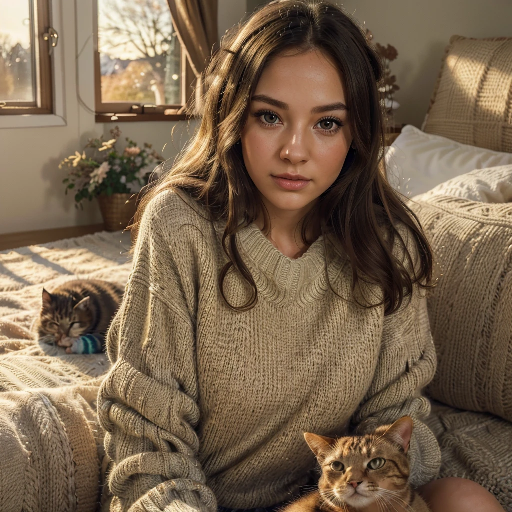 beautiful girl in cozy sweater, playing with cute cat, charming house, detailed face and eyes, long eyelashes, warm lighting, golden hour, intricate background details, idyllic countryside landscape, soft pastel colors, cinematic composition, (best quality,4k,8k,highres,masterpiece:1.2),ultra-detailed,(realistic,photorealistic,photo-realistic:1.37)