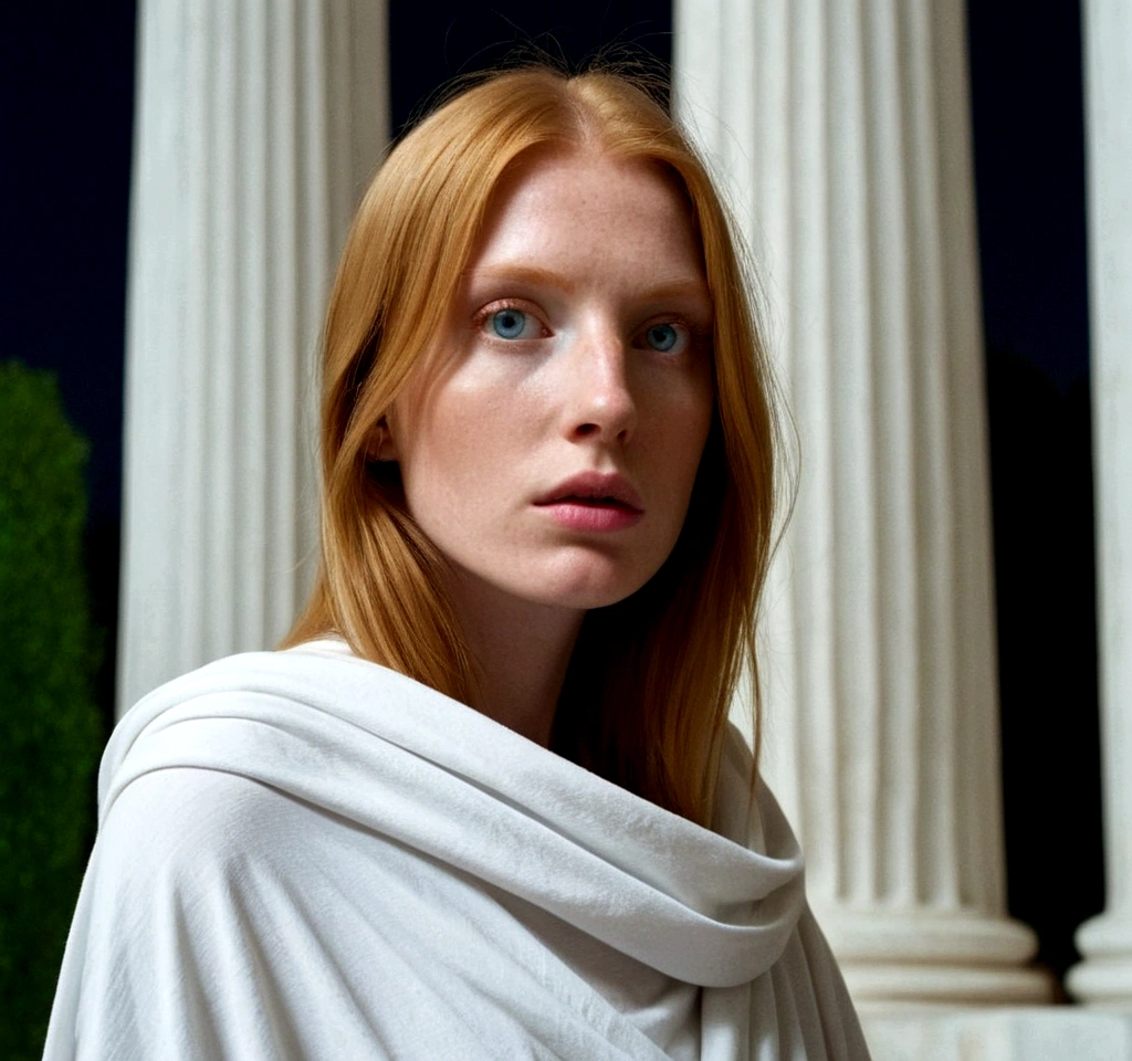 (((Close-up shot from the front))), portrait photos, windy, a cool smart keen green eye Blonde eyelashes bare-faced rosy fair skin big-boned model with (simple Straight Straight Straight ultra-long ultra-long ultra-long shiny ginger hair) in simple white Draped Cloak over simple white Draped robe. The scene is overgrown Ivy coils around the white marble columns of an ancient Greek temple. soft cinematic foggy lighting, pale blue tone, night.