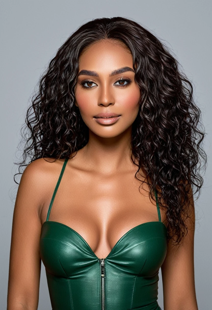 Woman in low-cut black latex dress, posing for a photo in studio, foto de cos inteiro  Uma linda mulher, latin face, Supermodel, stunning beauty, Brazilian and Angolan descent, The most beautiful woman in the world, jaw dropping beauty, 30 year old young adult. She's got an exotic beauty, tall woman, black female,mixes African and indigenous traits, unique indigenous mixture, african with european ebony, your beauty is unique, undeniable, linda jovem negra da darkskin. Your hair is black, like darkness and thick as night, Curly black hair, voluminous and shiny, long curly black hair. Your eyes are green and expressive, beautiful eyes, realisticeyes, detailedeyes, ultra-realistic, symmetrical, hyper-realistic, (eyeliner, long eyelashes), intense and penetrating gaze, seducing gaze, mysterious and charming, look of magnetism, attraction and fascination. * eyebrows: eyebrows perfeitas que se arqueiam graciosamente acima dos olhos e são grossas. * the nose is small and proportional to the face and the soft contour of the face that accentuates the high cheekbones. *gura: gura atraente e irresistível, well defined lips, fleshy lips, voluminous lips, seductive lips, captivating, memorable, unforgettable, travesso, sexly, seus traços são captivatings, seductive expression, a seductive smile is enigmatic *Face shape: The face is oval, with high cheekbones and a well-defined chin, beautiful and detailed face. *make-up: The makeup is subtle, but highlights natural characteristics. skin tone: brunette skin, healthy and evenly glowing, with dark skin, darkskin, garota sexly with dark skin, detailed skin texture, Beautiful and glowing skin, details Intricate, unsmooth skin, healthy and radiant appearance. *cos: attractive and slim woman, medium bust, athletic, Waist slender, Broad Hips, Big butts, thick-thighs, shapely legs. Uma mulher posando para uma foto de cos inteiro, sexly e dinâmica
