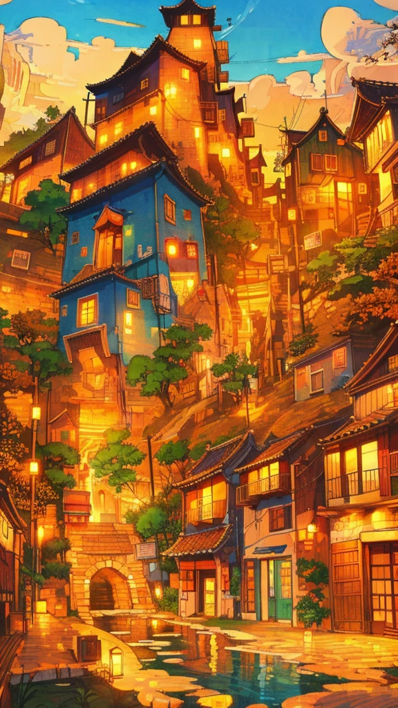 Drawings of windmills and houses in a beautiful japanese village, long shot, city concept art, warm colors, lovely, anime artyle, art of Winsor McCay