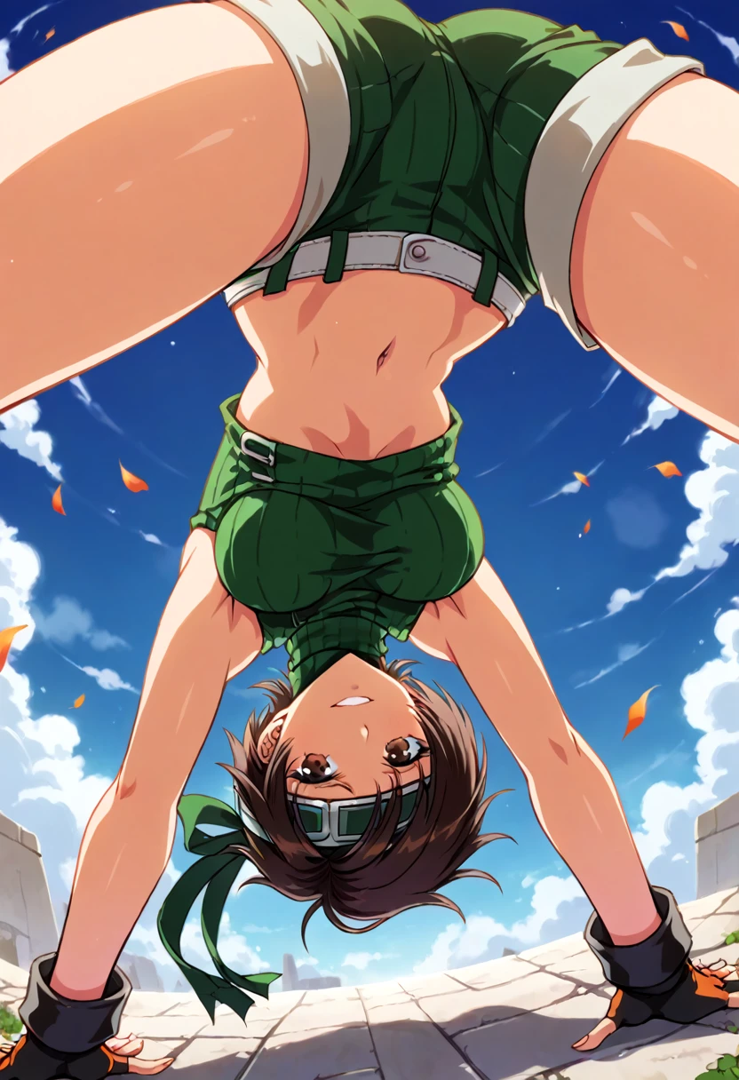score_9, score_8_up, score_7_up,,BREAK source_anime,below view:1.2, standing, legs apart, bent over, upside-down,straight-on,(breast focus),mediumshot,1girl, yuffie kisaragi, final fantasy, short hair,headband,navel,sleeveless,turtleneck,brown eyes,sleeveless turtleneck,solo,breasts,,smile,gloves,crop top,brown hair,shorts,midriff,,sweater,open fly,fingerless gloves,ribbed sweater,medium breasts,(under_boob),yufi_kisaragi,smirk, (best quality),(aesthetic,very aesthetic),(masterpiece, highres), (anime screenshot:0.8),