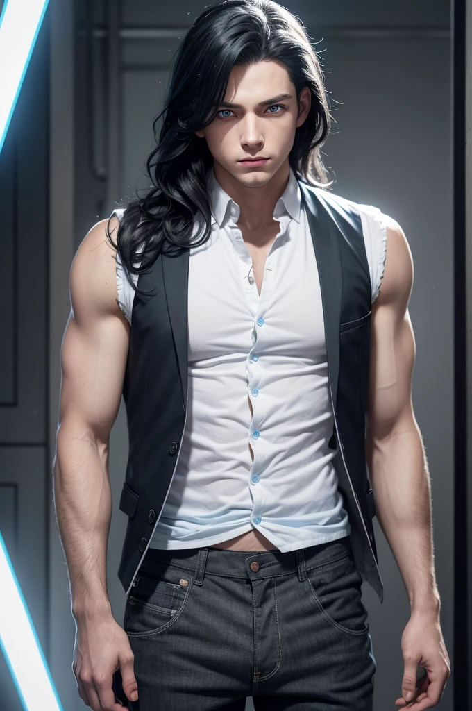 The trait is like the anime Boku no Hero, a white boy, his eyes have heterochromia, one light blue eye and the other dark blue, a thunder-shaped scar on the head, long black hair a little wavy, a red American vest with a detail on the shoulders, two white triangles on each shoulder, gray pants with ripped details