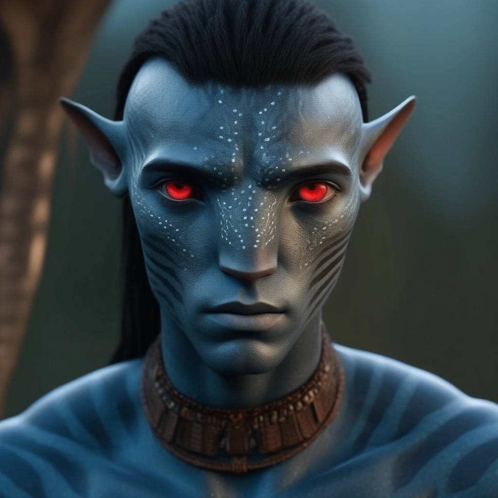 (face portrait), na'vi, male, (red eyes), ((big detailed alien eyes)), ((eyebrowless)), pointy ears, (gray skin tone), (straight hair), black hair color, ((short hair)), (young adult), 18 years old, face wrinkles, ((wearing tribal clothing with bones)), (wearing tribal acessories), detailed eyes, dragon scales stripes all over skin, toned body, muscled body, ethereal atmosphere, surrealistic dreamy lighting, textured skin, otherworldly beauty, mesmerizing photography, (best quality, highres), vivid colors, ultrarealistic, skin details, sfw, face close-up,ultradetailed body, (blueish grey skin), dark background, vulcanic lands background