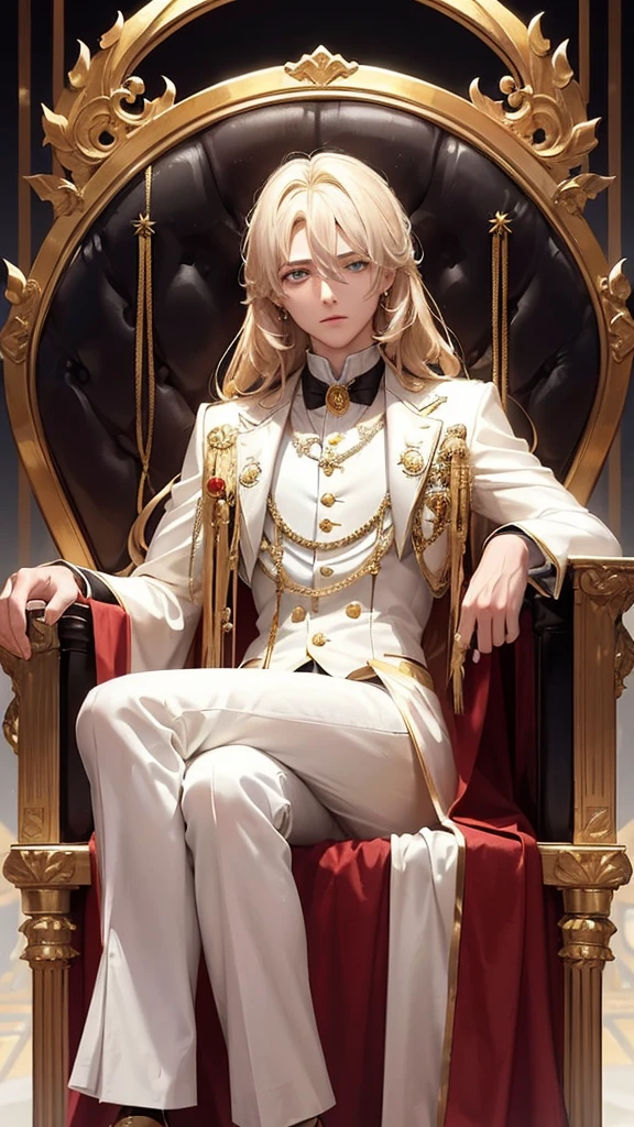 With short golden hair，The hair is on the back，Eyes jewel colored，There is still hatred in his eyes，Wearing a white suit is very elegant，The boy sitting on the throne, covered in blood and full of hatred