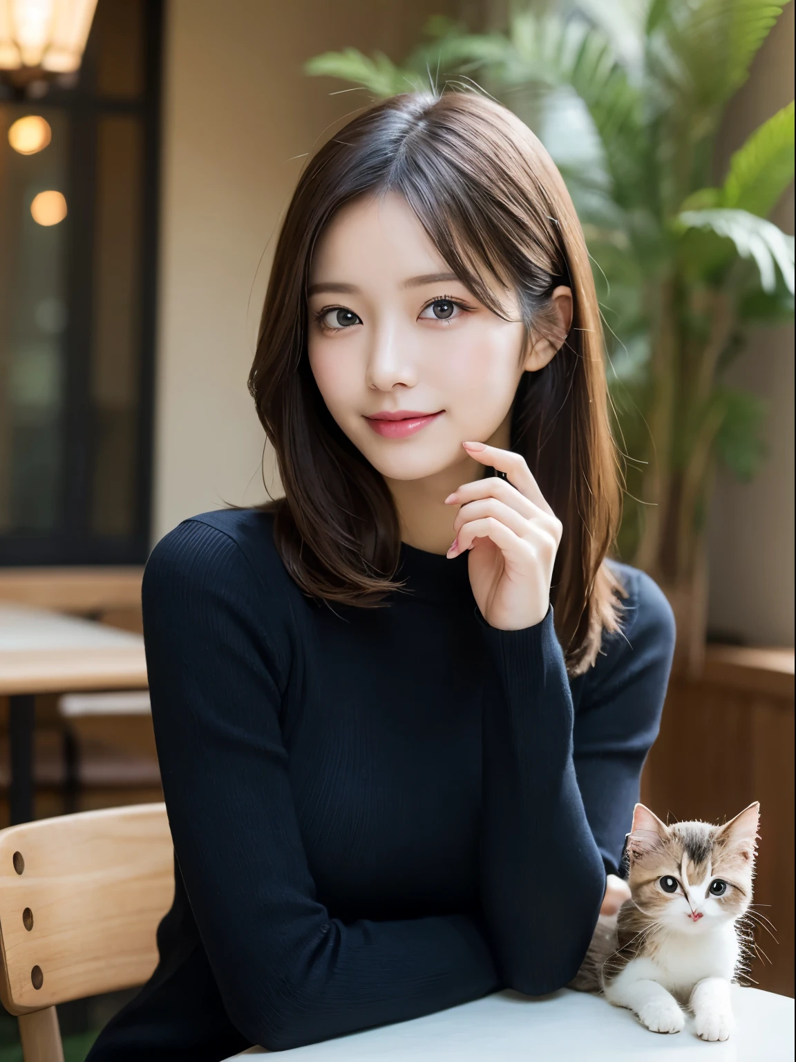 On the table, Highest quality, realism, Fine details, High resolution, 8k wallpaper, Perfect dynamic composition, Beautiful and delicate eyes, Medium Straight Hair, Casual and sexy pose,Random Situation、Light black tight knit sweater、(Beautiful breasts overflowing 1.3)、Bright smile、Holding a kitten、Bokeh、nature、Age 25、(Droopy Eyes 1.3)、Adult Beauty、Japanese