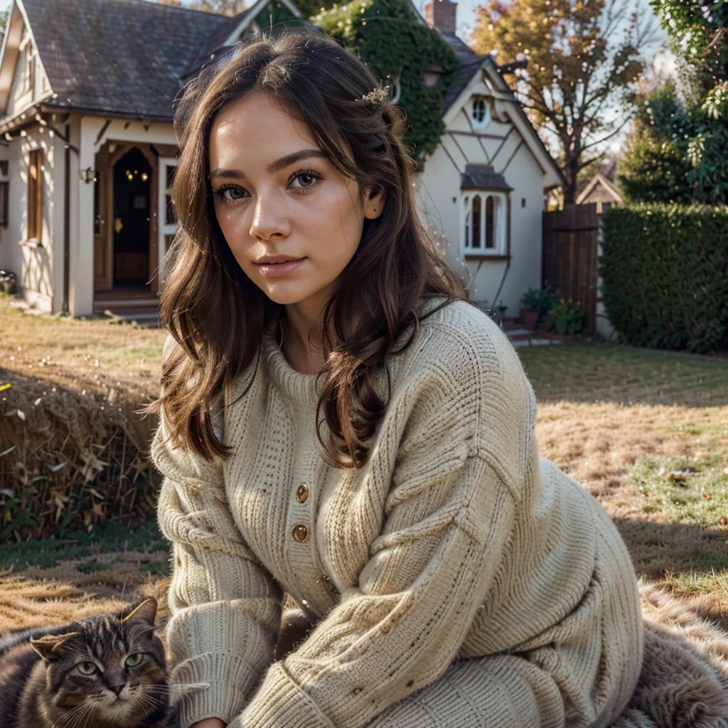 beautiful girl in cozy sweater, playing with cute cat, charming house, detailed face and eyes, long eyelashes, warm lighting, golden hour, intricate background details, idyllic countryside landscape, soft pastel colors, cinematic composition, (best quality,4k,8k,highres,masterpiece:1.2),ultra-detailed,(realistic,photorealistic,photo-realistic:1.37)