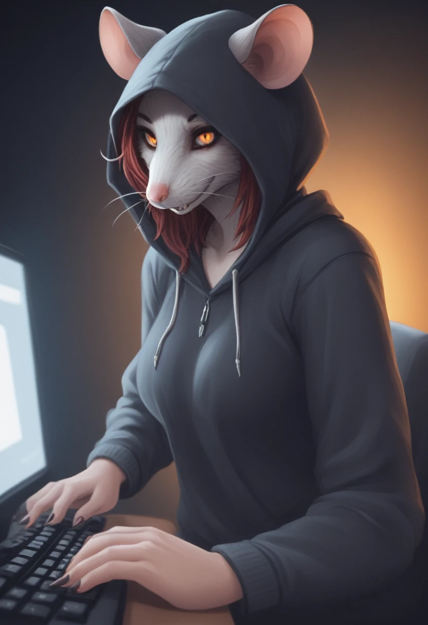 A rat woman, playing Dead By Daylight on a gaming computer, wearing a hood.