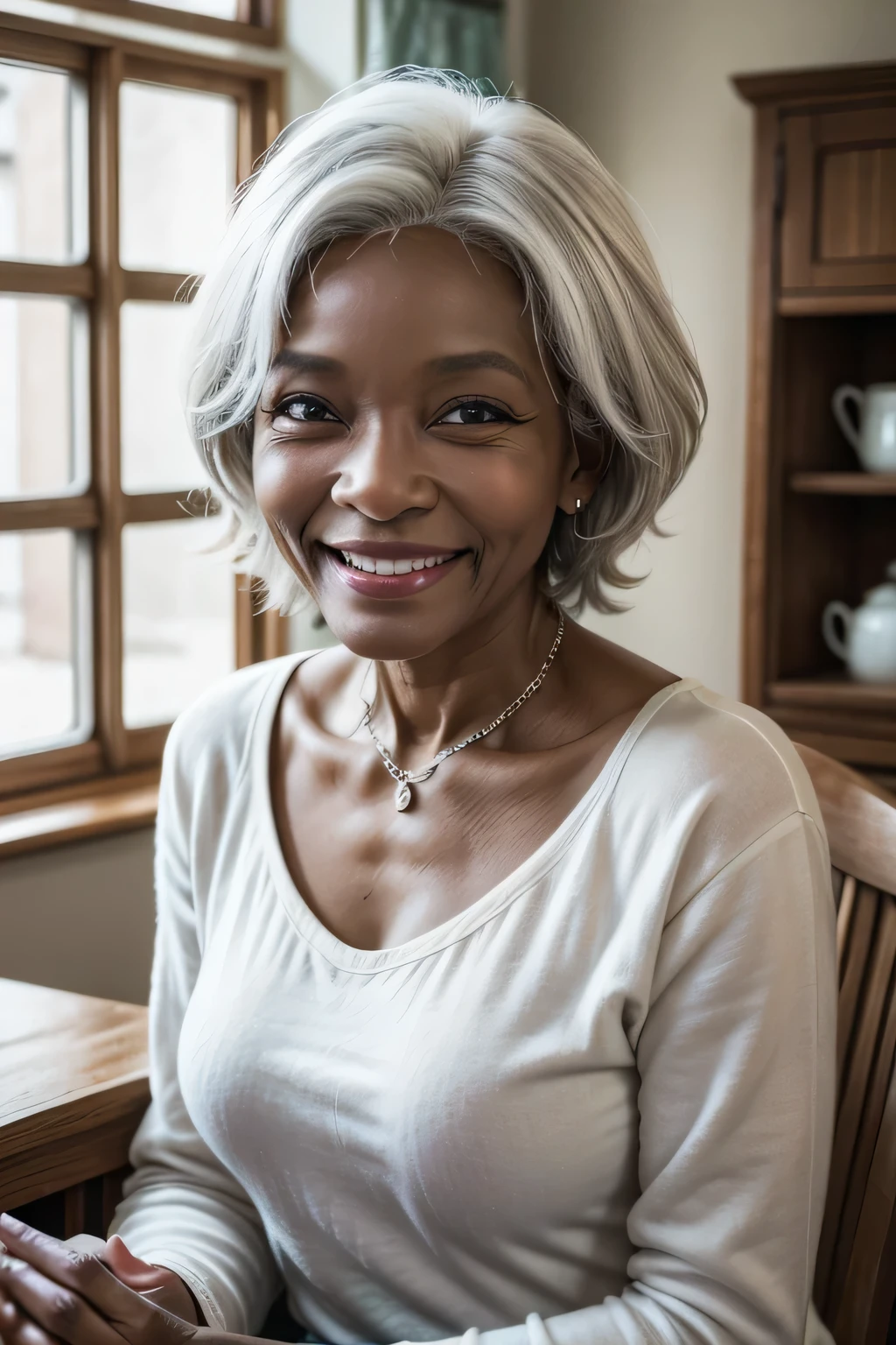 old lady, ebony, 60 years old, white hair, smiling in the kitchen with this picture over the table