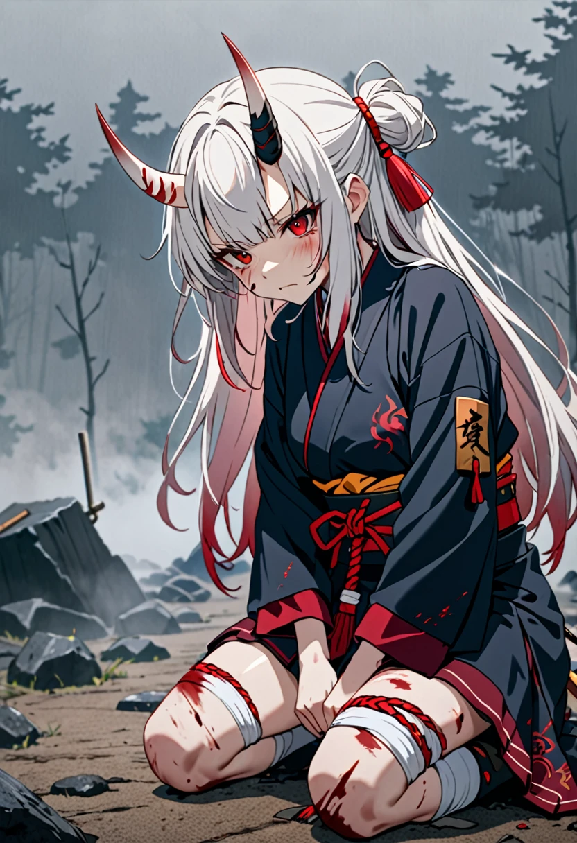 8K Ultra High-Quality, ultra-detailed, High quality, Nakiri Ayame, white oni horns, injured, kneeling on ground, tired look, foggy background