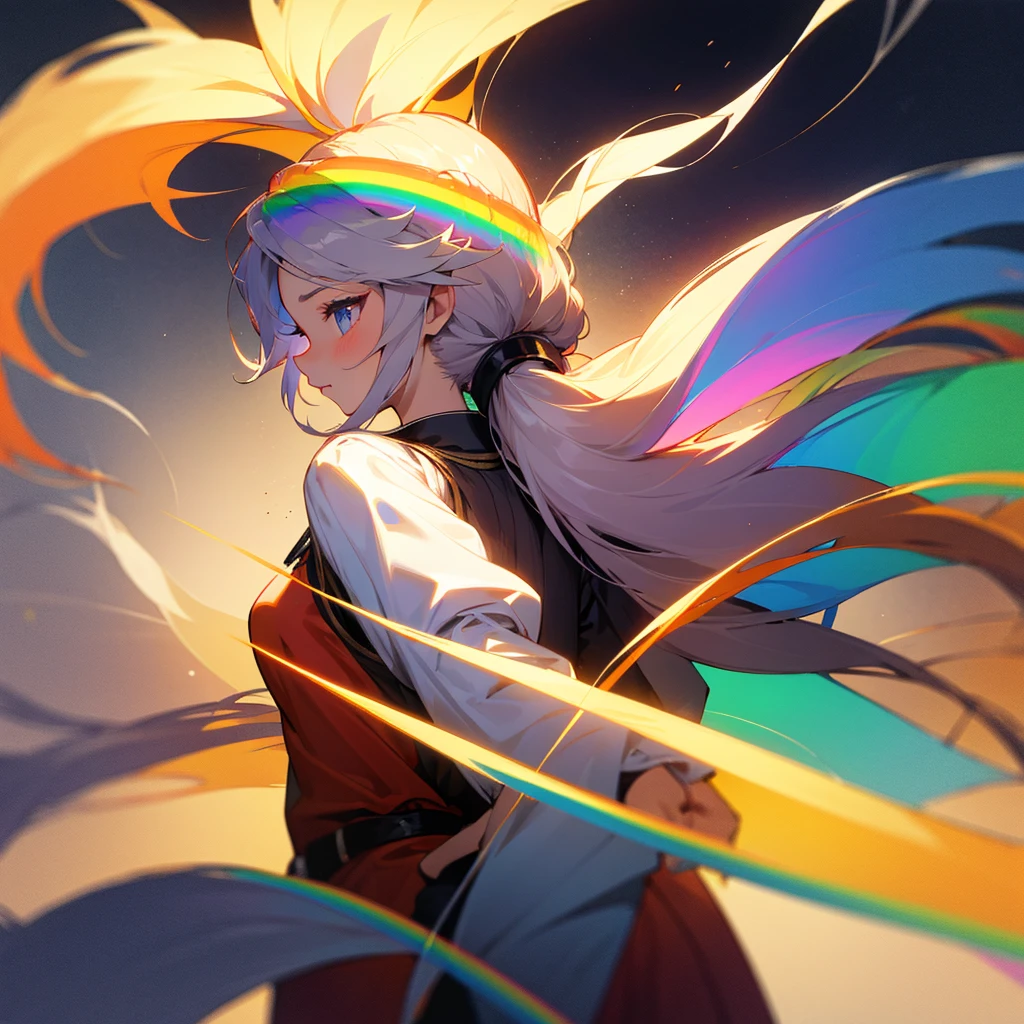 (first person view), BREAK Twintail braided mane, perfect twin tail, BREAK detailed and realistic mane textures, Shining with transparent rainbow colors, BREAK A beautiful double-tailed mane blows in the breeze., high contrast,