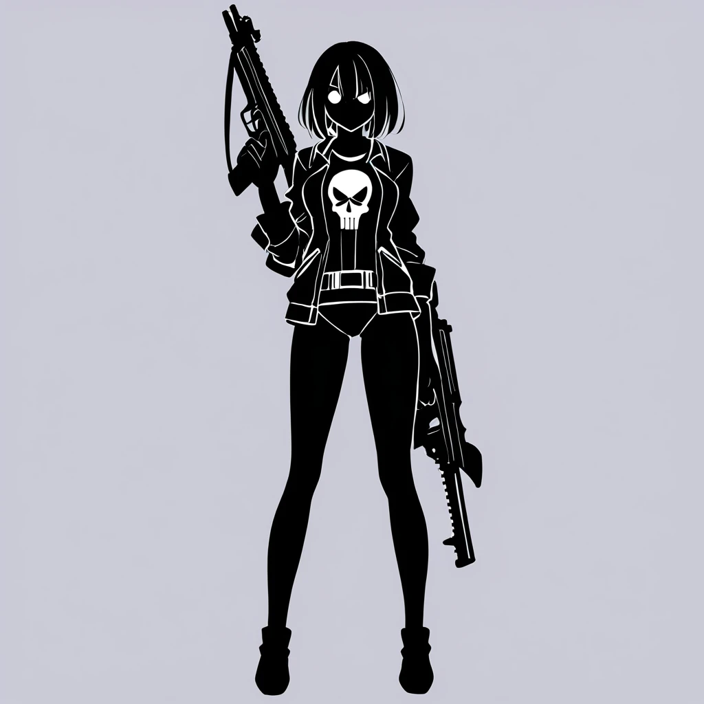 anime artwork of a young sexy punisher woman in a black punisher shirt holding one gun anime manga girl style, entire body in shot, full body shot, anime style, key visual, line art, coloring page, studio anime, highly detailed
