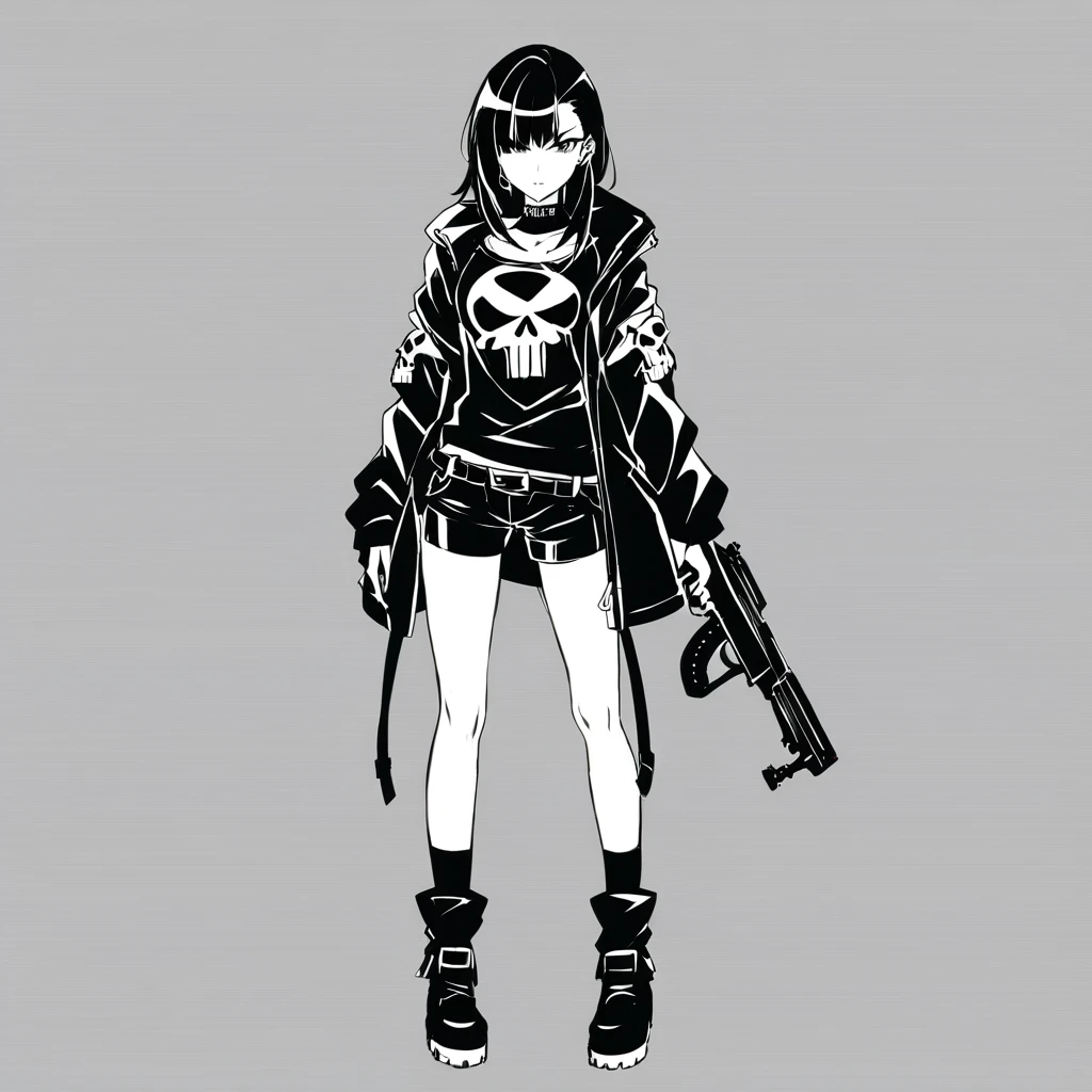 anime artwork of a young sexy punisher woman in a black punisher shirt holding one gun anime manga girl style, entire body in shot, full body shot, anime style, key visual, line art, coloring page, studio anime, highly detailed