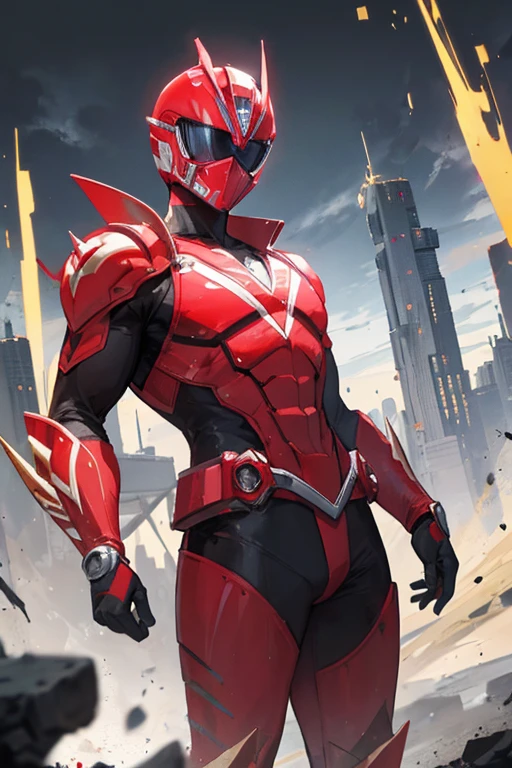 could create a character with a design similar to the red Power Ranger with touches of black and white gold in the suit, with a type of medium-sized spikes on the gold-colored helmet and a devastated city behind